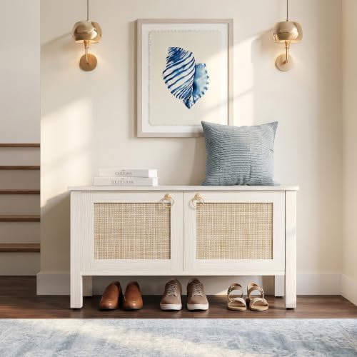 SICOTAS Rattan Storage Bench Boho Storage Chest with 2 Safety Hinges