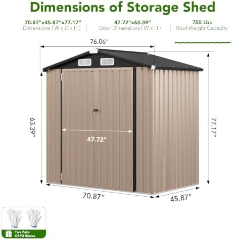 MXV 6x4 FT Outdoor Metal Storage Shed, Lockable Galvanized Steel Tool House w...