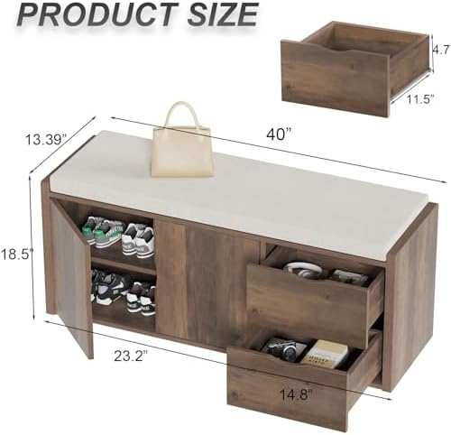 LVB Entryway Bench with Storage, 40" Shoes Bench with Padded Cushioned Seat