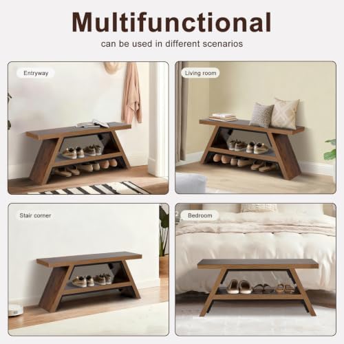 2-Tier Shoe Storage Bench, 40" Solid Wood Entryway Stool Storage