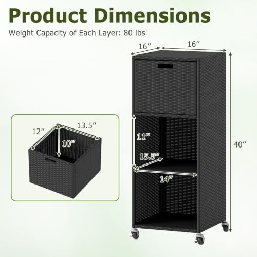 HAPPYGRILL Outdoor Storage Cabinet with Wheels, PE Rattan Wicker Storage