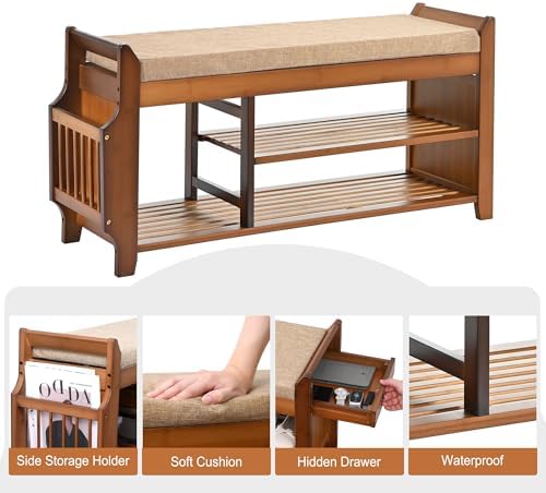 PETKABOO Shoe Bench with Hidden Drawer and Side Holder, 2 Tier Entryway Bench...