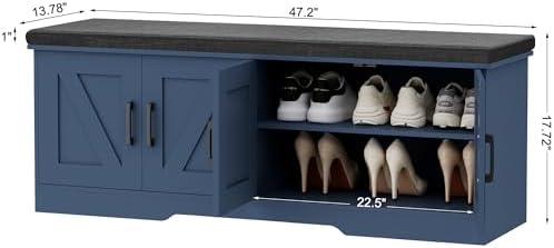 HOMSHO Farmhouse Shoe Storage Bench with 4 Barn Doors & Padded Seat Cushion