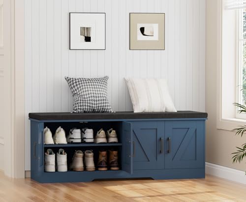 HOMSHO Farmhouse Shoe Storage Bench with 4 Barn Doors & Padded Seat Cushion