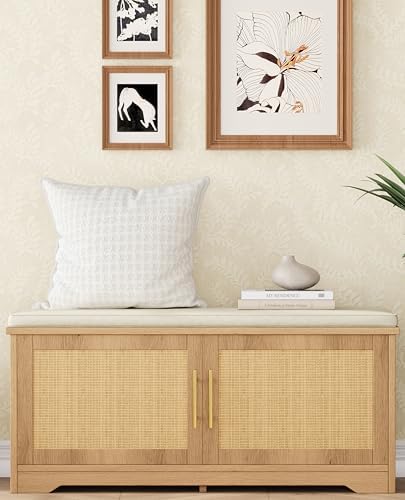 Rattan Shoe Storage Bench, 39.4" Wide Entryway Bench, Natural Oak