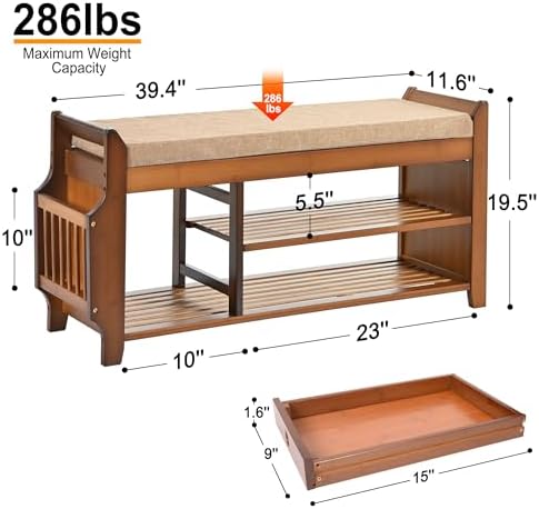 PETKABOO Shoe Bench with Hidden Drawer and Side Holder, 2 Tier Entryway Bench...