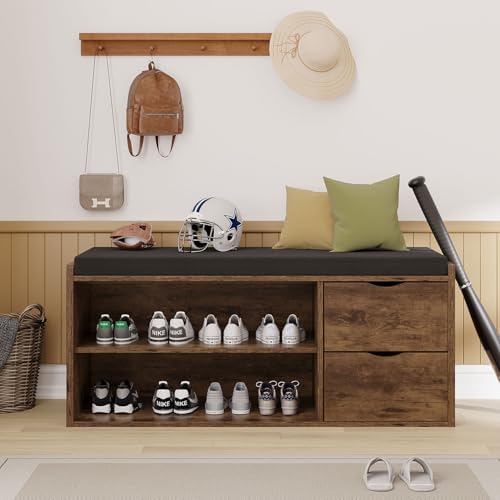 LVB Entryway Shoe Bench, Rustic Storage Bench with Cushioned Seating