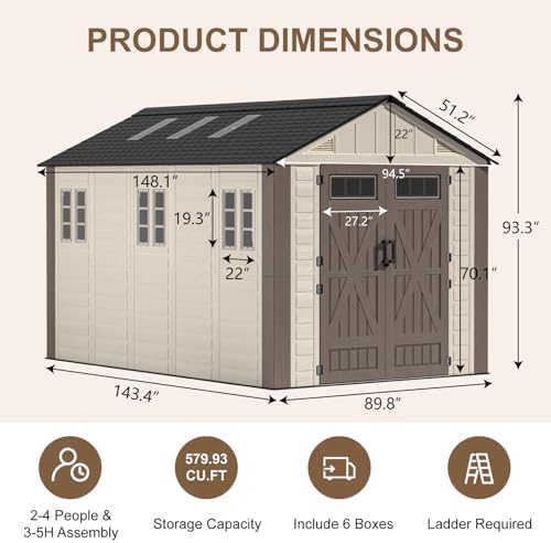 8x12 Ft Outdoor Storage Shed with Floor, Large Resin Outdoor Shed with Lockab...