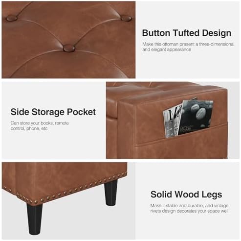 60" Storage Ottoman Bench, Faux Leather Upholstered Bed Bench, Brown