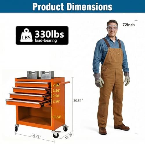 4 Drawers Tool Chest on Wheels, Multifunctional Rolling Tool Cart Tool Storag...