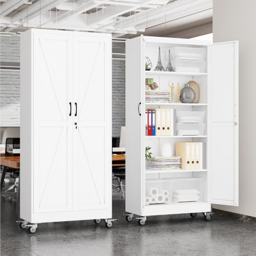 Metal Garage Storage Cabinet, 71"H Lockable Tool Cabinet with Wheels