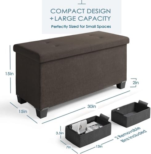 Nestl 30 Inch Storage Ottoman Bench with Storage Bins, Max 660 lbs Storage Ch...