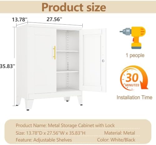 Small Metal Storage Cabinet, Lockable Tool Cabinet with Doors and 2 Shelves