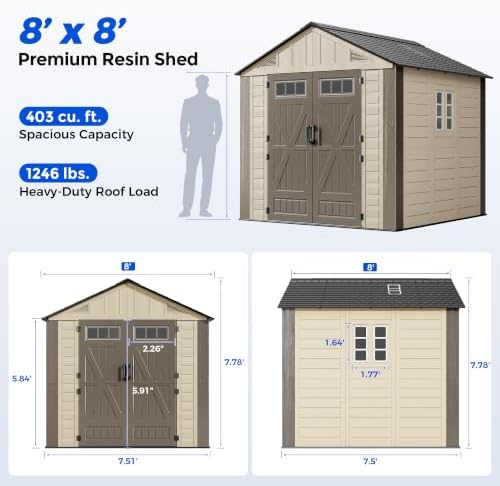 HOMSHADE 8x8 FT Resin Outdoor Storage Shed with Floor, Plastic Garden Shed