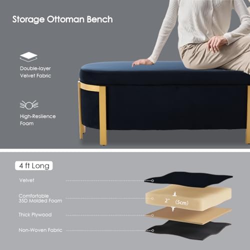 Hyfirm 48" Velvet Storage Bench with Gold Legs, Black