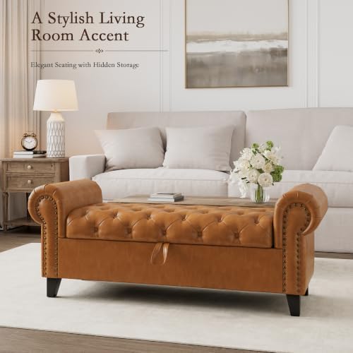 51 Inch Faux Leather Storage Bench with Rolled Arms, Chesterfield Tufted Otto...
