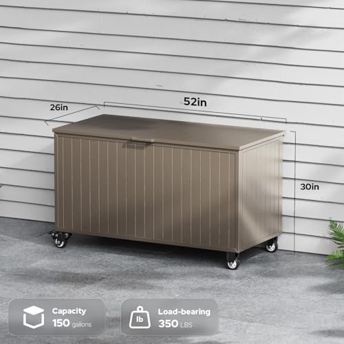 150 Gallon Outdoor Storage Box with Wheels, Metal Deck Boxes,Brown