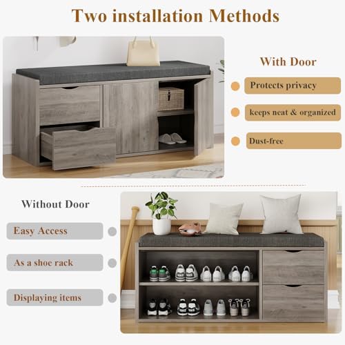 LVB 2-Tier Storage Bench with Padded Cushion, Entryway Bench with 2 Drawers