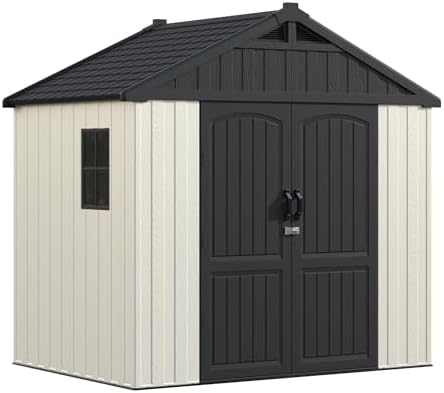 Greesum 8x6FT Plastic Outdoor Storage Shed with Floor, Resin Sheds, Beige