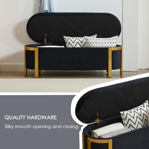 Hyfirm 48" Velvet Storage Bench with Gold Legs, Black