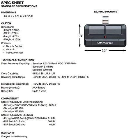 LiftMaster 892LT Two-Button Security+ 2.0 Learning Remote Control, 1 Pack