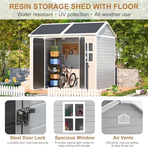 Outdoor Resin Storage Shed 8x6x7 FT with Floor 2 Windows, Reinforced Frame La...