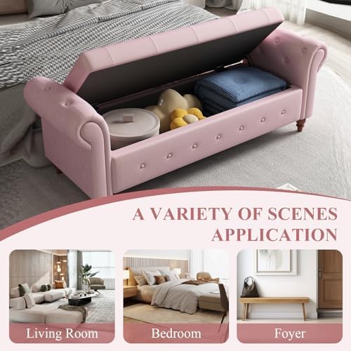 63'' Storage Ottoman Bench, Upholstered Bed Bench, Pink