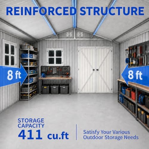 10x8 FT Outdoor Storage Shed with 2 Clear Windows, Metal Garden Shed with Flo...