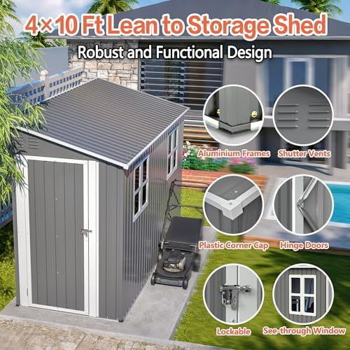4x10 Ft Outdoor Heavy-Duty Shed, Metal Lean to Shed with Floor Kit and 2 Wind...