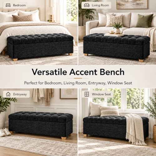 60" Storage Bench, Modern Glam Chenille Ottoman for King Queen Bed, Black