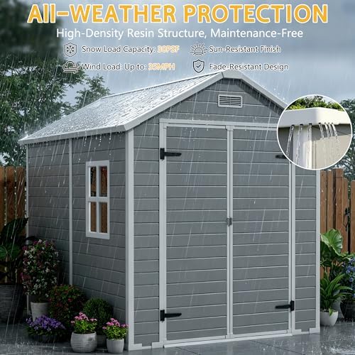 PIPLEO 6x8 FT Resin Outdoor Storage Shed with Floor, Plastic Garden Storage S...