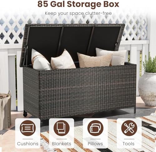 Tangkula Rattan Deck Box, 85 Gallon Storage Container with Waterproof Liner, ...