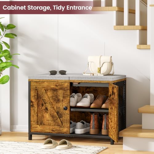 ThreeHio Shoe Bench with Cushion & Doors, Small Entryway Storage Bench