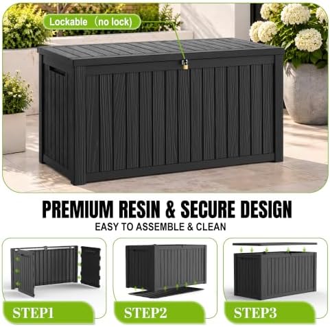DRATO 325 Gallon Outdoor Storage Box Waterproof Large Deck Box, Black