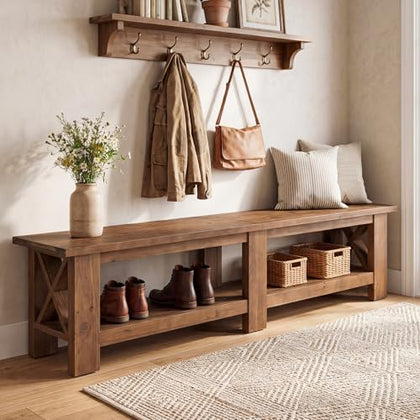 70.87" Solid Wood Entryway Shoe Bench, Extra Long Storage Bench