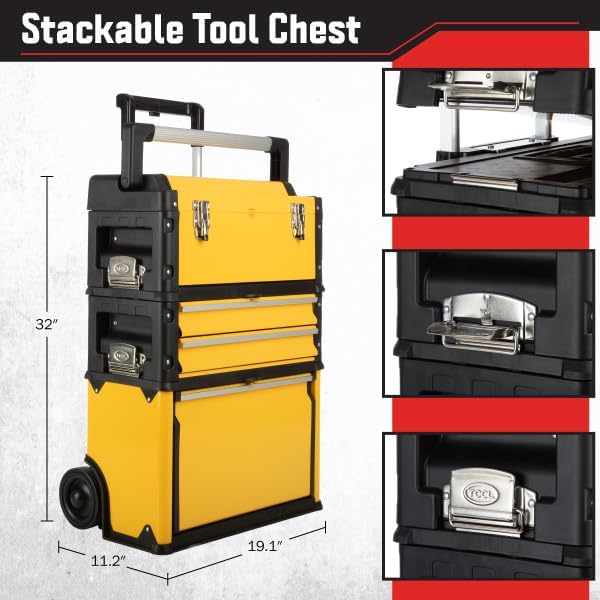 Stalwart Stackable Rolling Tool Box with Wheels, Yellow, 19.1 x 11.2 x 32in