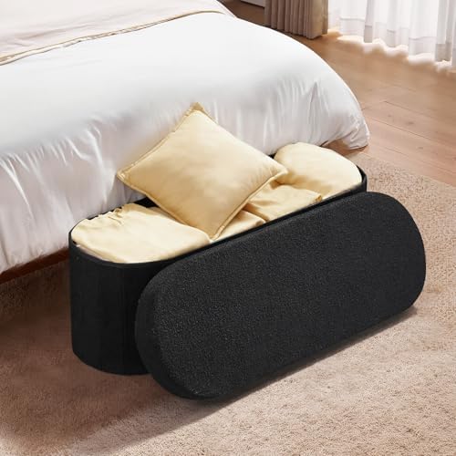 VEVOR Oval Storage Ottoman Bench, Foldable Teddy Fleece End of Bed Bench, Fol...