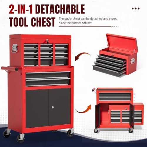 10-Drawer Rolling Tool Chest with wheels, Lockable 2-in-1 Tool Box