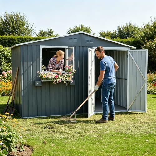 10x8 FT Outdoor Storage Shed with 2 Clear Windows, Metal Garden Shed with Flo...