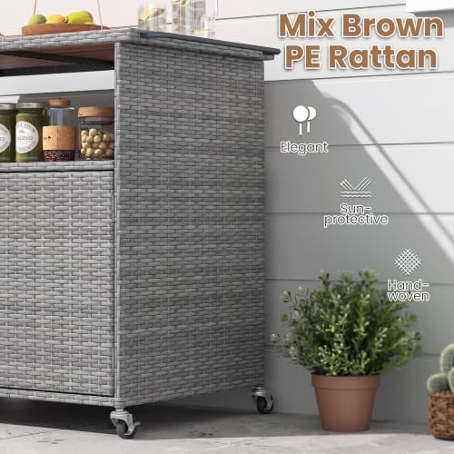 Tangkula Rattan Outdoor Storage Cabinet with 4 Wheels (Mix Grey)