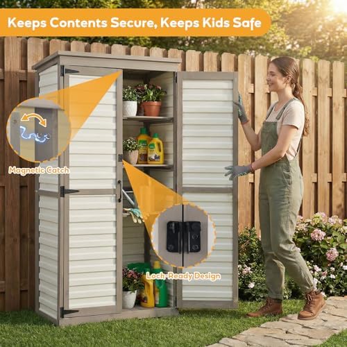 PetsCosset Outdoor Storage Cabinet with Shelves, Wood & Plastic Garden Sh...