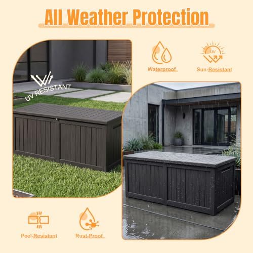 Outdoor Storage Box, 390 Gallon Waterproof Resin Deck Box with Support Rod