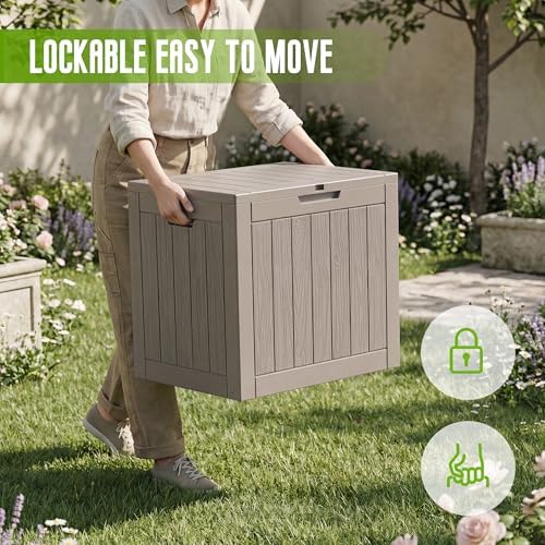 DRATO 35 Gallon Outdoor Storage Box Waterproof Lockable Small Deck Box Grey