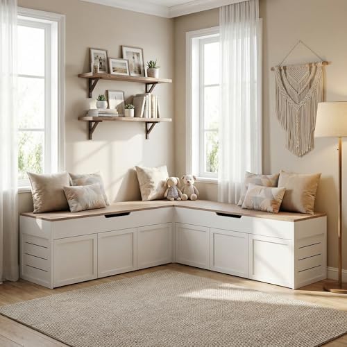 Kikihouse L-Shaped Corner Storage Bench, Backless Wood Bench, Wood