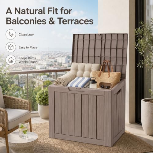 Outdoor Storage Box Resin Deck Box Waterproof Gray Brown 32 Gallon