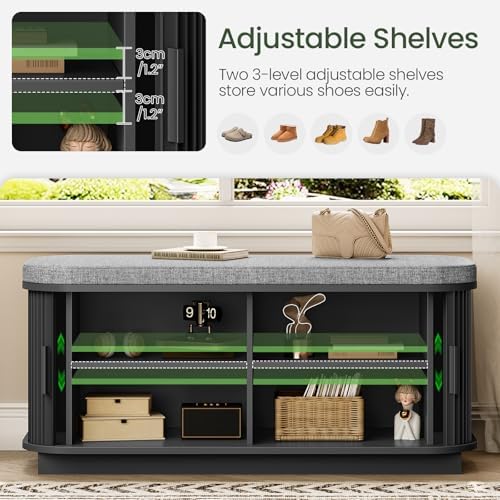 CHOEZON 39.4" Fluted Shoe Storage Bench with Cushion and Sliding Door