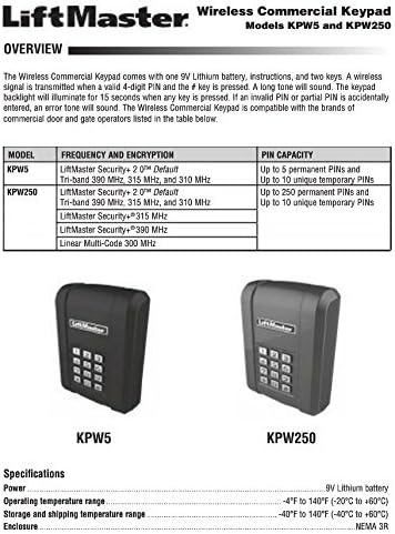 LiftMaster KPW5 Wireless 5 Code Commercial Keypad