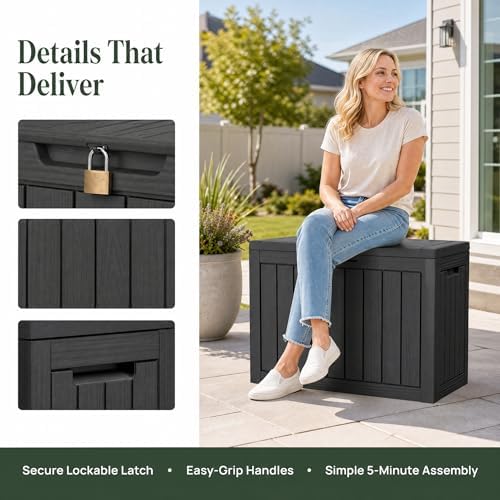 Outdoor Storage Box Resin Deck Box Waterproof Black 51 Gallon