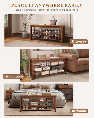 IUNVR Shoe Rack Bench Seat Rubberwood 3-Tier Wooden Storage Bench 550lbs Comp...
