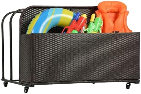 FDW Pool Float Storage Poolside Storage Bin Holder Storage Rack with Wheels PE Rattan Basket Open Compartments for Floaties Noodles Life Vests Beach Balls Equipment Cushions Patio furniture